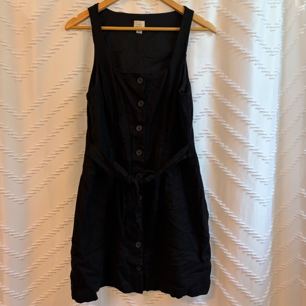 A‎ New Day Womens Black Linen Blend Button Front Tie Waist Mini Dress Size M